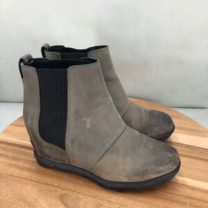 Sorel Womens Joan of Arctic II Wedge Boots Chelsea Taupe Leather Elastic Women 8